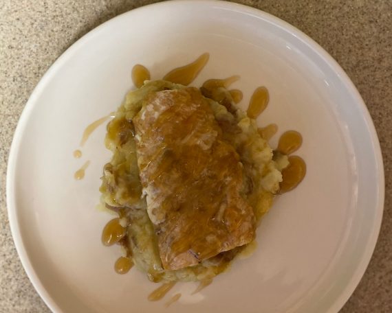 Finished product of Maple-Glazed Salmon with Onion-Mashed Potatoes