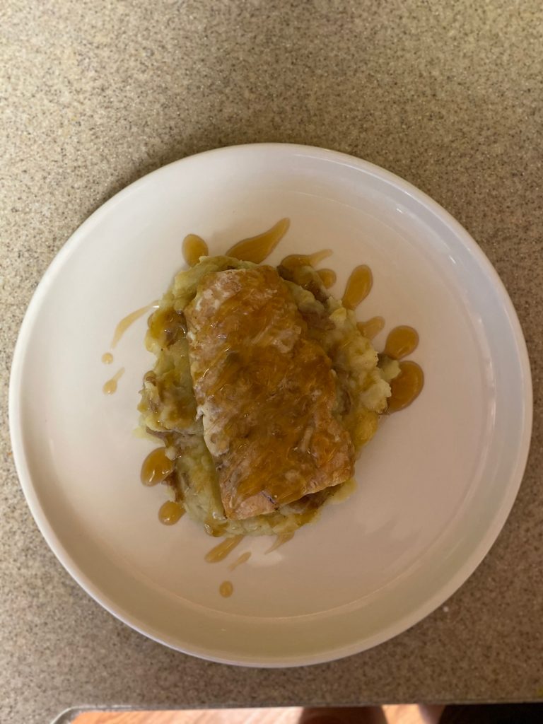 Finished product of Maple-Glazed Salmon with Onion-Mashed Potatoes